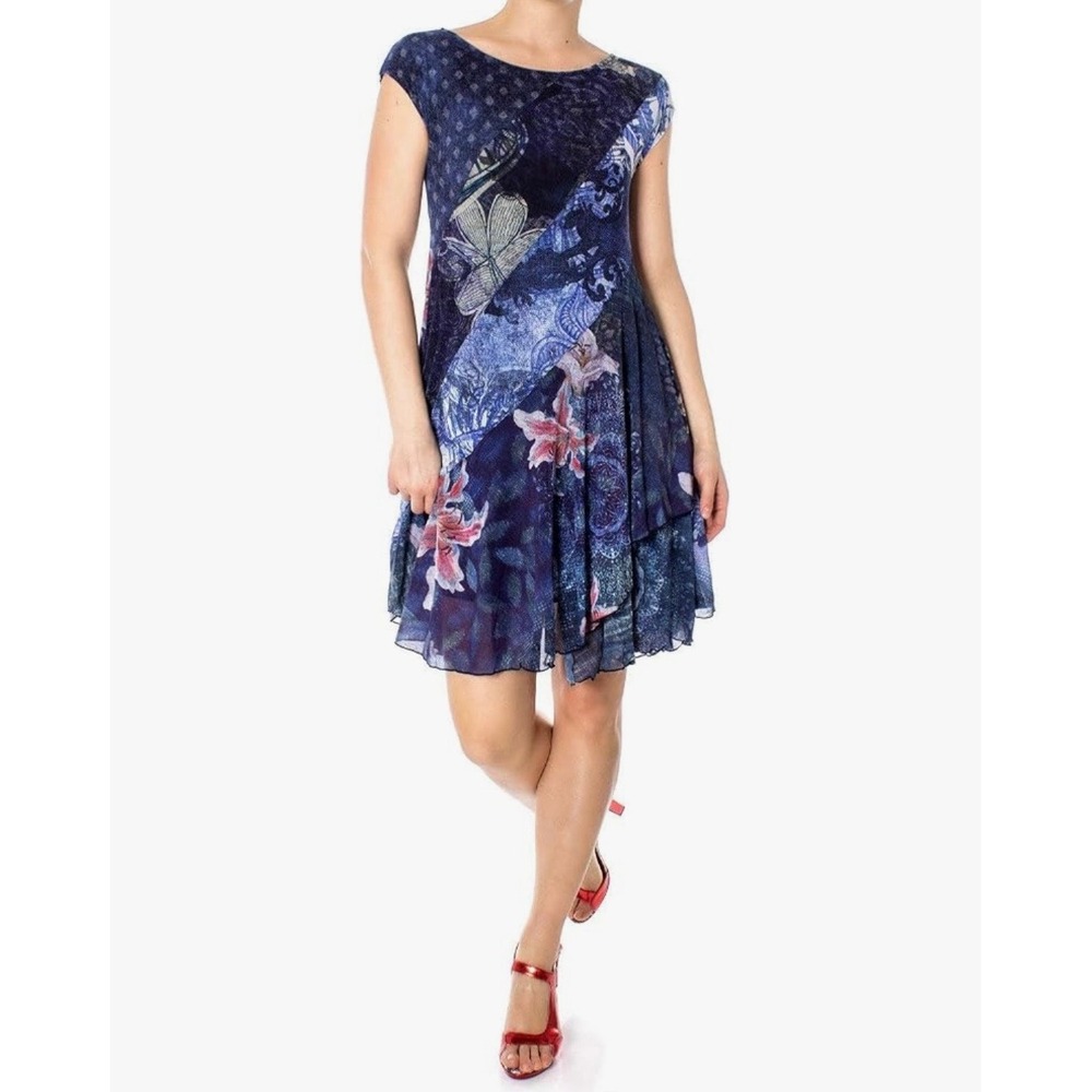 Desigual Osages Dress L Blue Floral Patchwork‎ Mesh Artsy Boho Whimsigoth Fairy